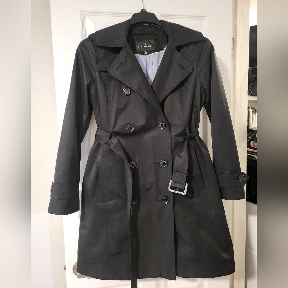 London Fog Long Black trench Jacket. Size M